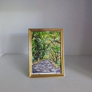 Kapa'a Quarry Road II- Sun Dappled Shady Trees Original Watercolor Brass Frame